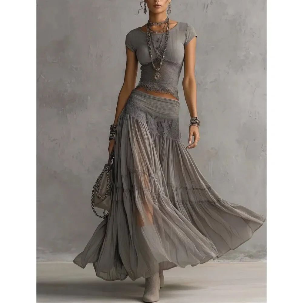 Luxury Boutique Layered Lace Maxi Skirt/Top Set Gray Romantic Cottagecore XL